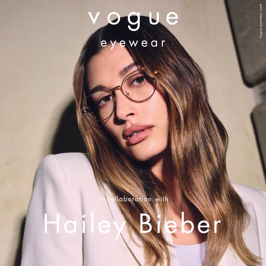 Hayley Bieber wearing a pair of Vogue eye glasses
